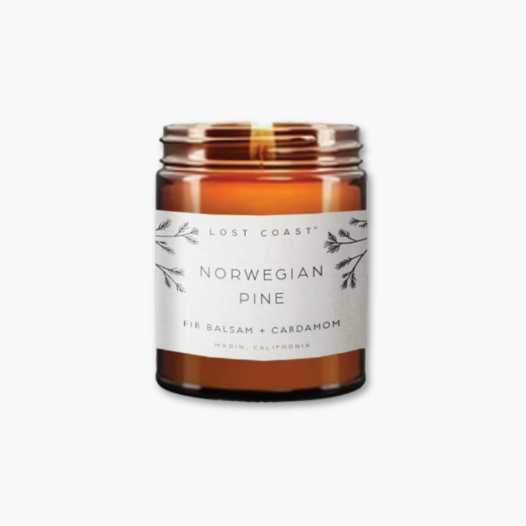 Lost Coast Norwegian Pine scented candle in amber glass vessel with white label on a white background.