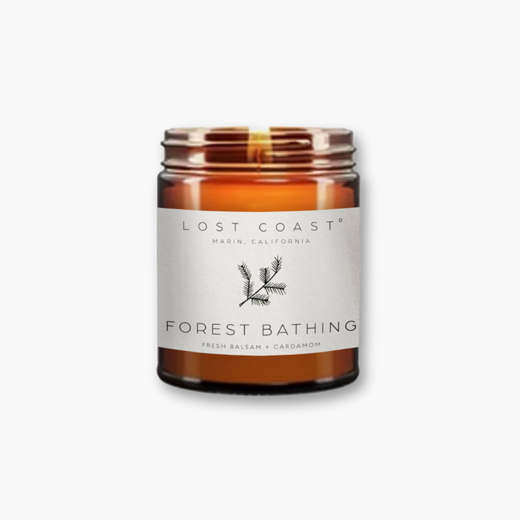 Lost Coast Forest Bathing fresh balsam and cardamom scented soy wax blend candle in amber jar, lid off and wick lit, on white background.
