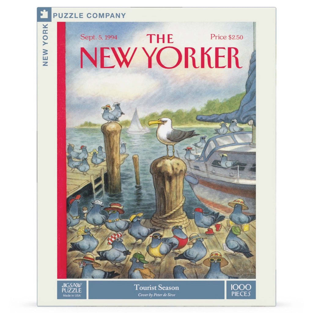 New York Puzzle Company 1000 piece Tourist Season New Yorker cover jigsaw puzzle in box packaging, front view.