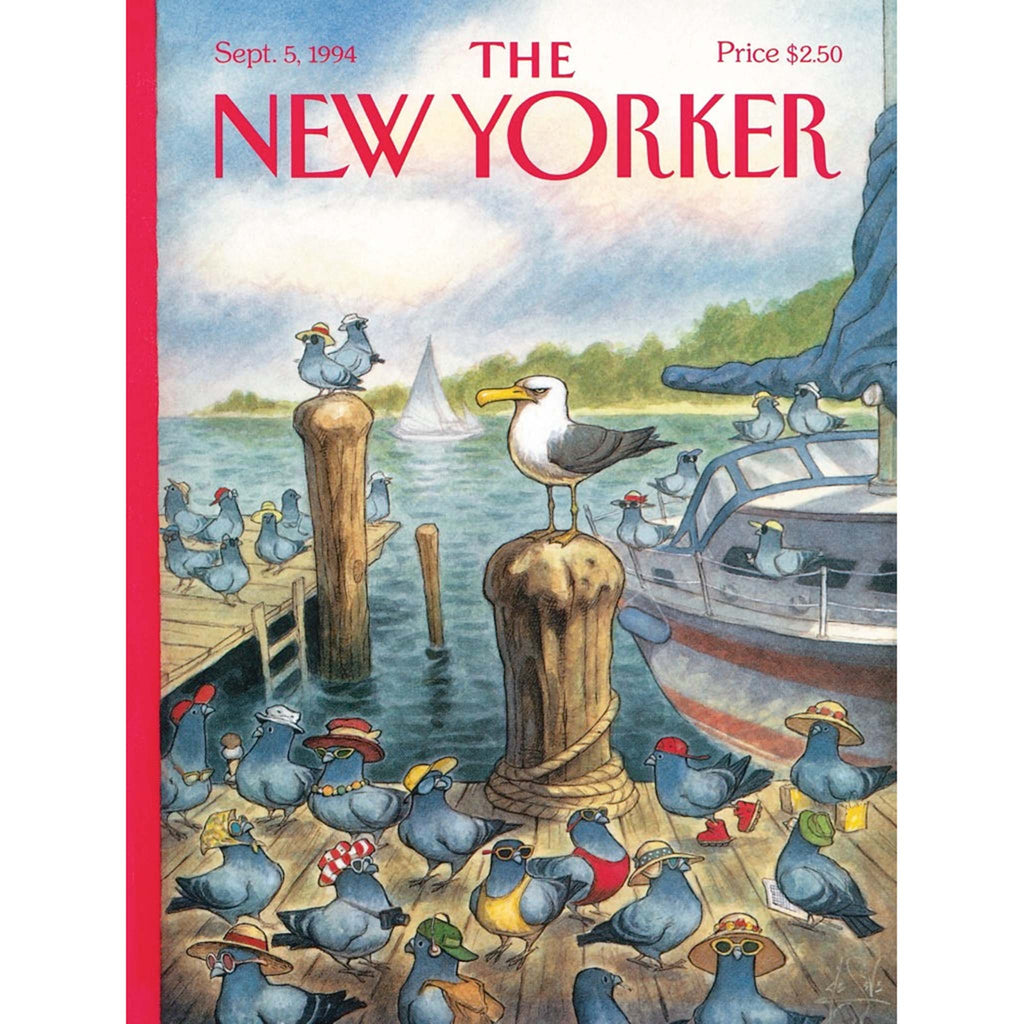 New York Puzzle Company 1000 piece Tourist Season New Yorker cover jigsaw puzzle, original cover artwork shown.