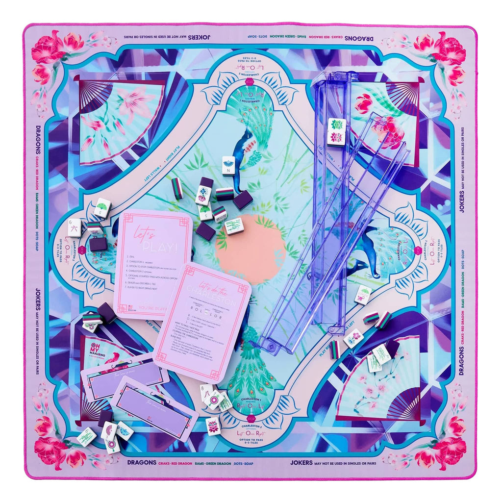 Amethyst Mahjong Mat, flat full view with tiles, racks, pushers and cards.