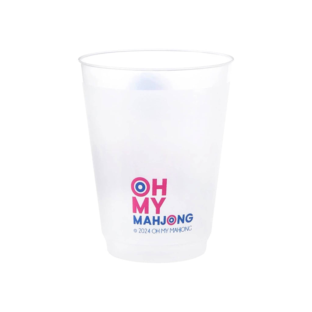 Back of frosted plastic cup with 'OH MY MAHJONG' text on a white background.