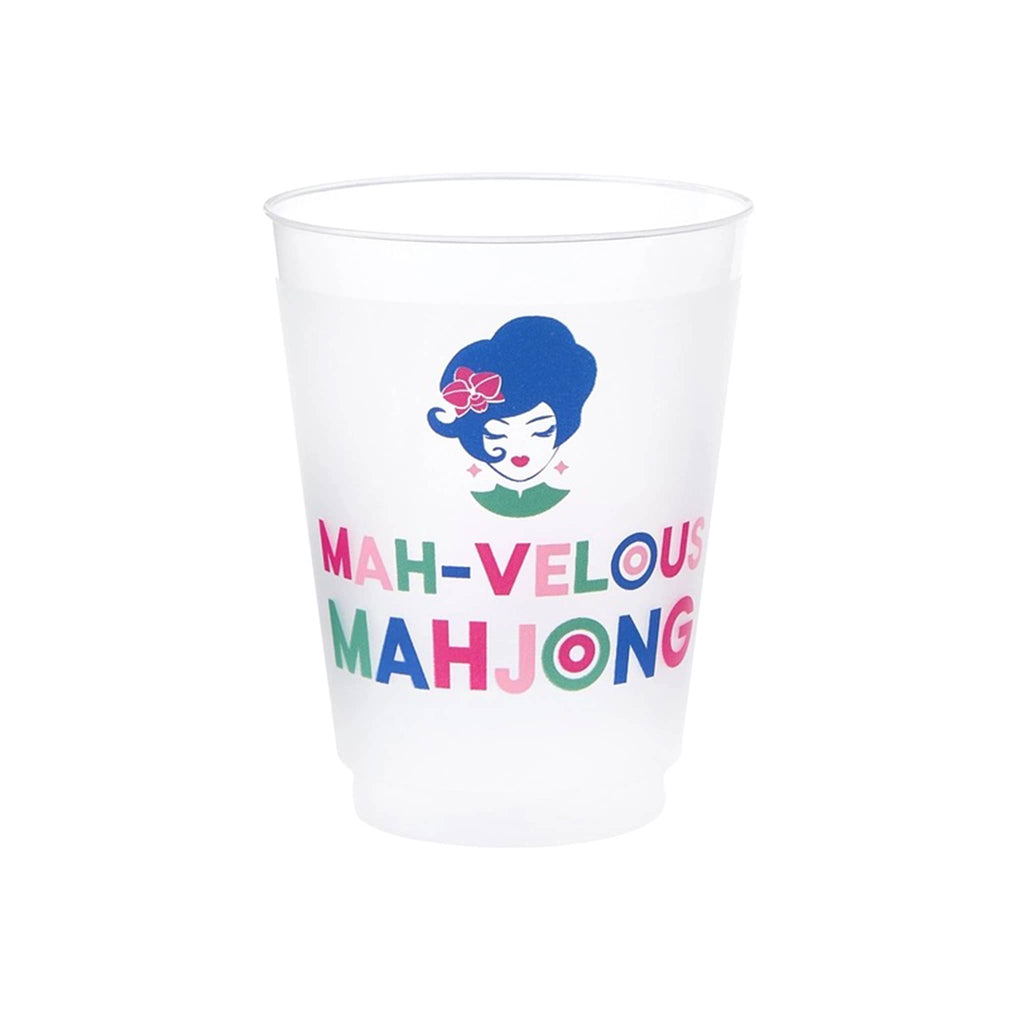 Frosted plastic cup with colorful 'MAH-VELOUS MAHjong' text and graphic on a white background.