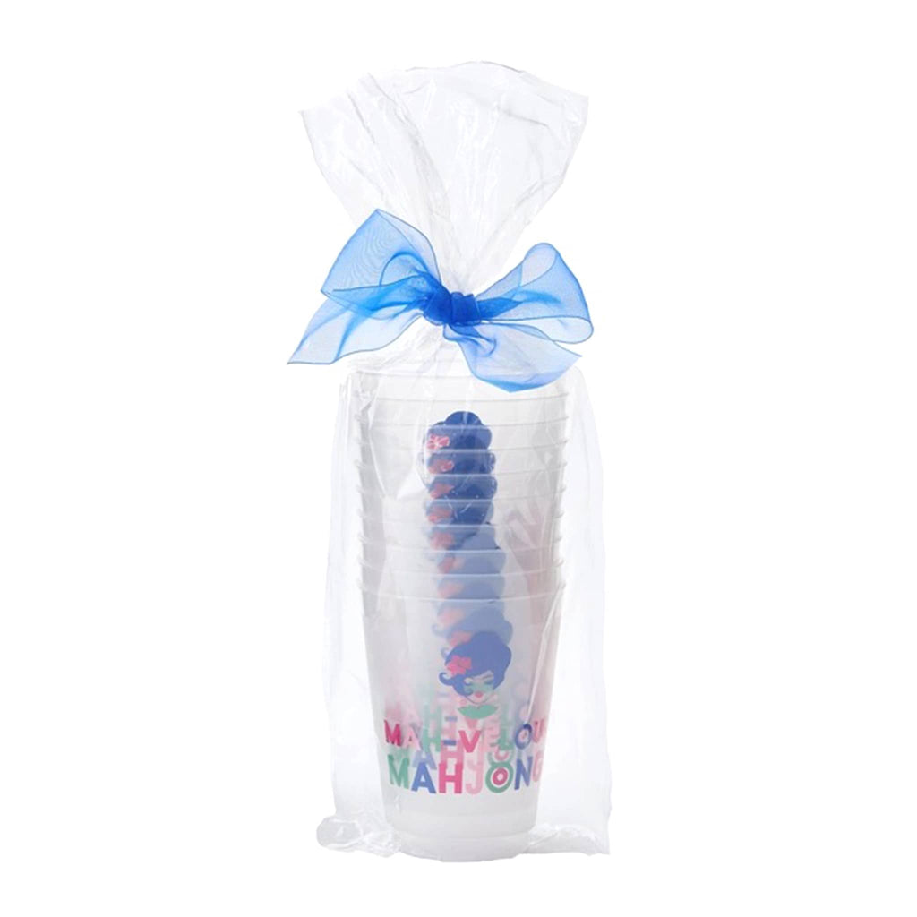Frosted plastic cup with colorful 'MAH-VELOUS MAHjong' text and graphic, set of 10 in cello sleeve with blue bow, on a white background.