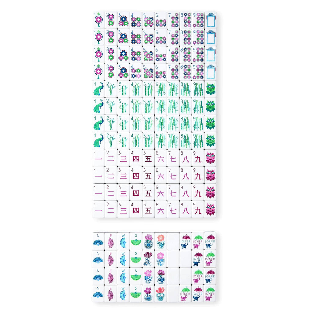 Full set of jewel-toned Gemma mahjong tiles with various symbols on a white background.