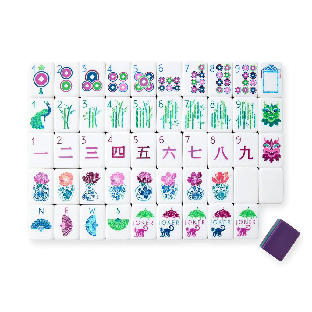 Set of jewel-toned Gemma mahjong tiles with various symbols on a white background.