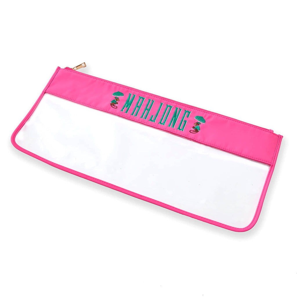 Hot pink mahjong tiles zip bag with monkey embroidery and clear front on a white background.