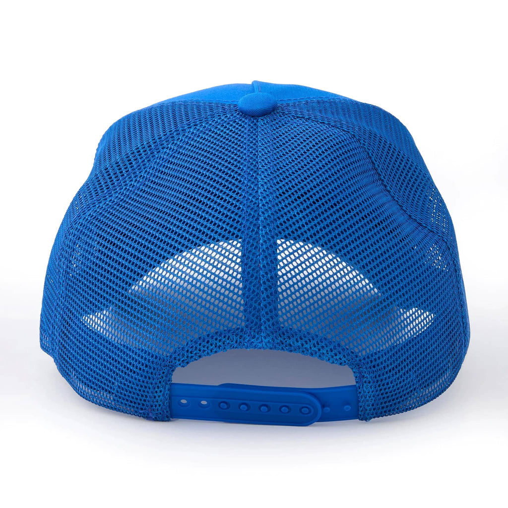 Blue trucker hat with mesh and adjustable strap, back view on a white background.