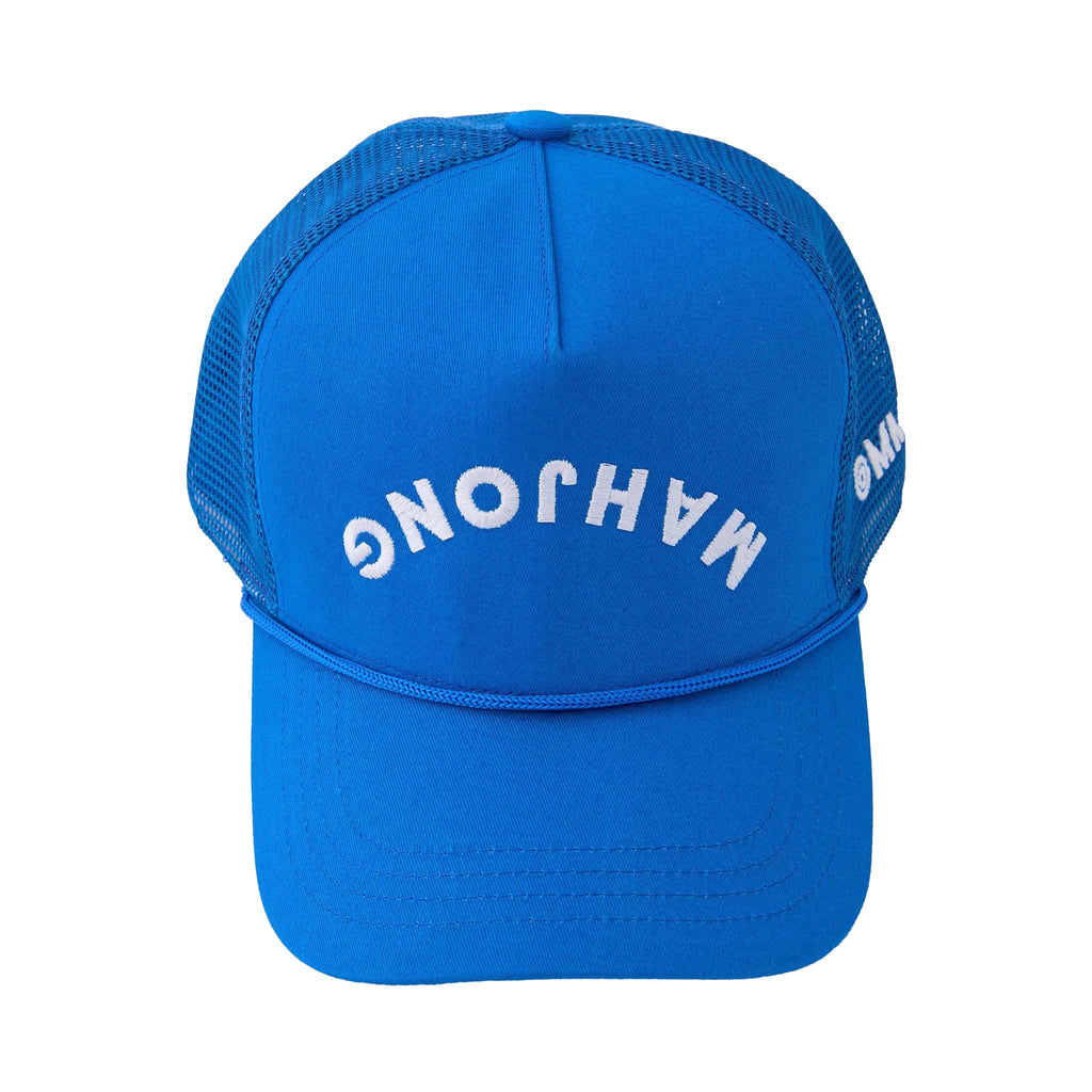 Blue trucker hat with upside-down 'MAHJONG' text, front view on a white background.