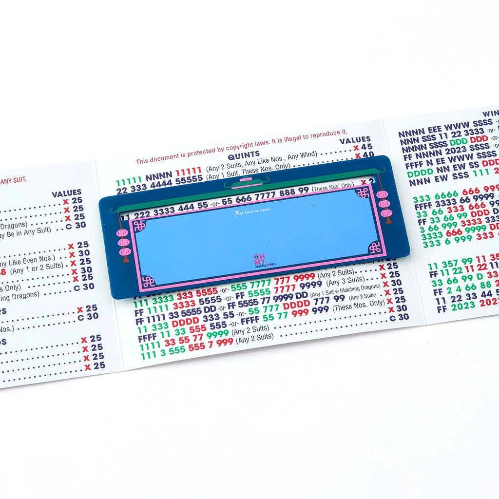 Navy blue mahjong card line finder, shown in use with the National Mah Jongg league card.