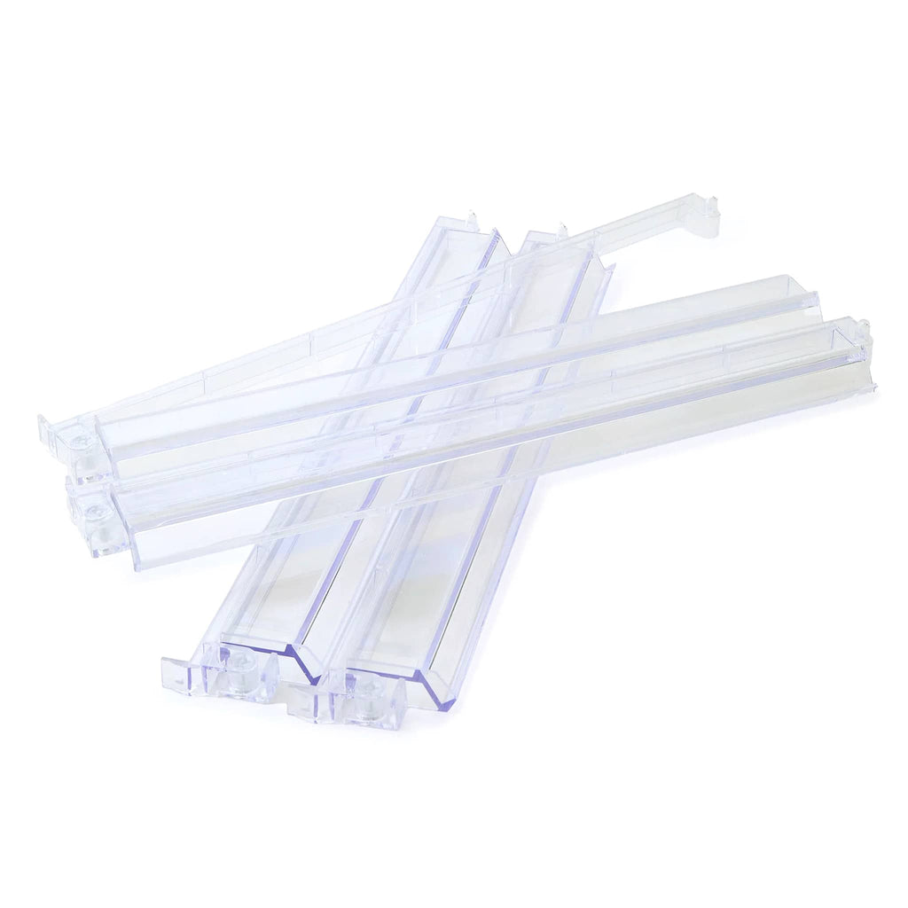Clear acrylic mahjong racks with pushers, set of four on a white background.