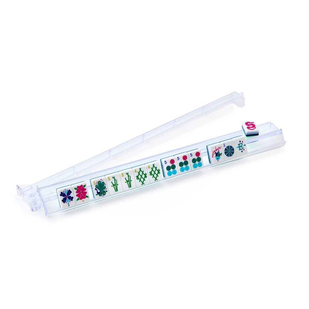 Clear acrylic mahjong rack with pusher, shown with tiles on a white background.