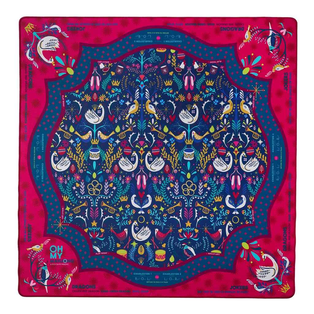 Pear Tree holiday mahjong mat with pear trees, birds and holiday graphics on a blue background with red border, flat, on a white background.