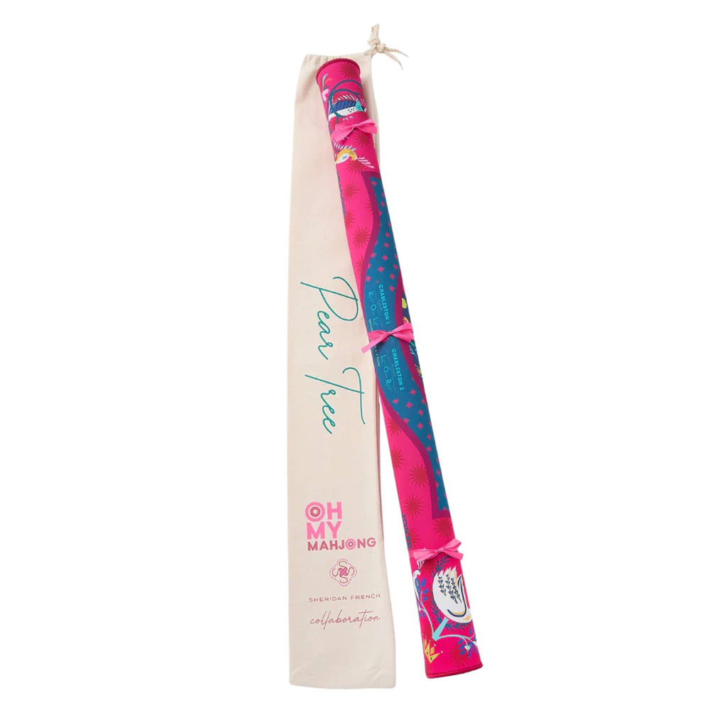 Pear Tree holiday mahjong mat rolled up with canvas sleeve carrier, on a white background.