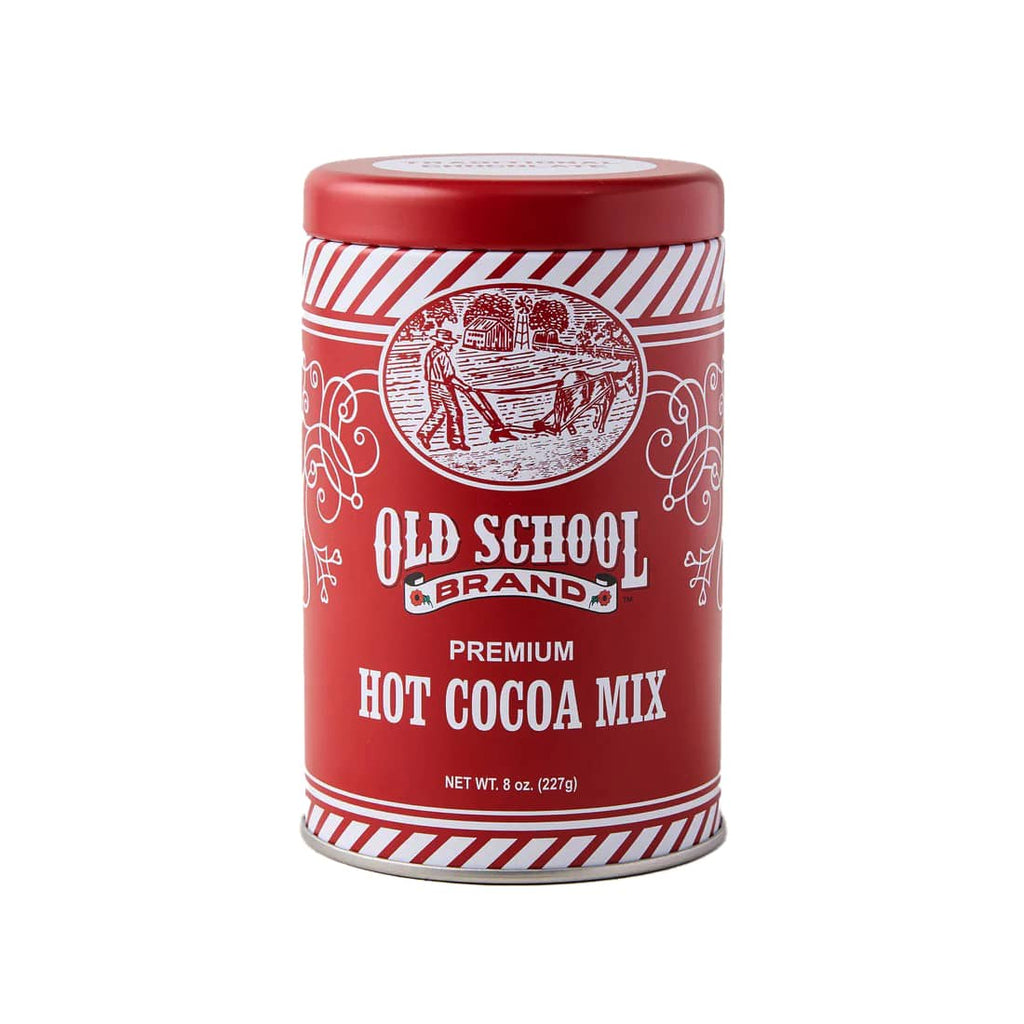 Old School Brand hot cocoa mix in red and white tin canister on a white background.