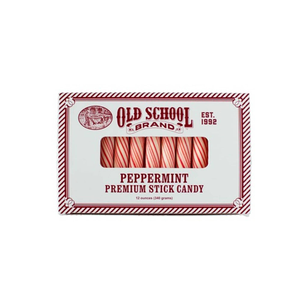 Peppermint stick candy in a red and white striped box with Old School Brand, on a white background.