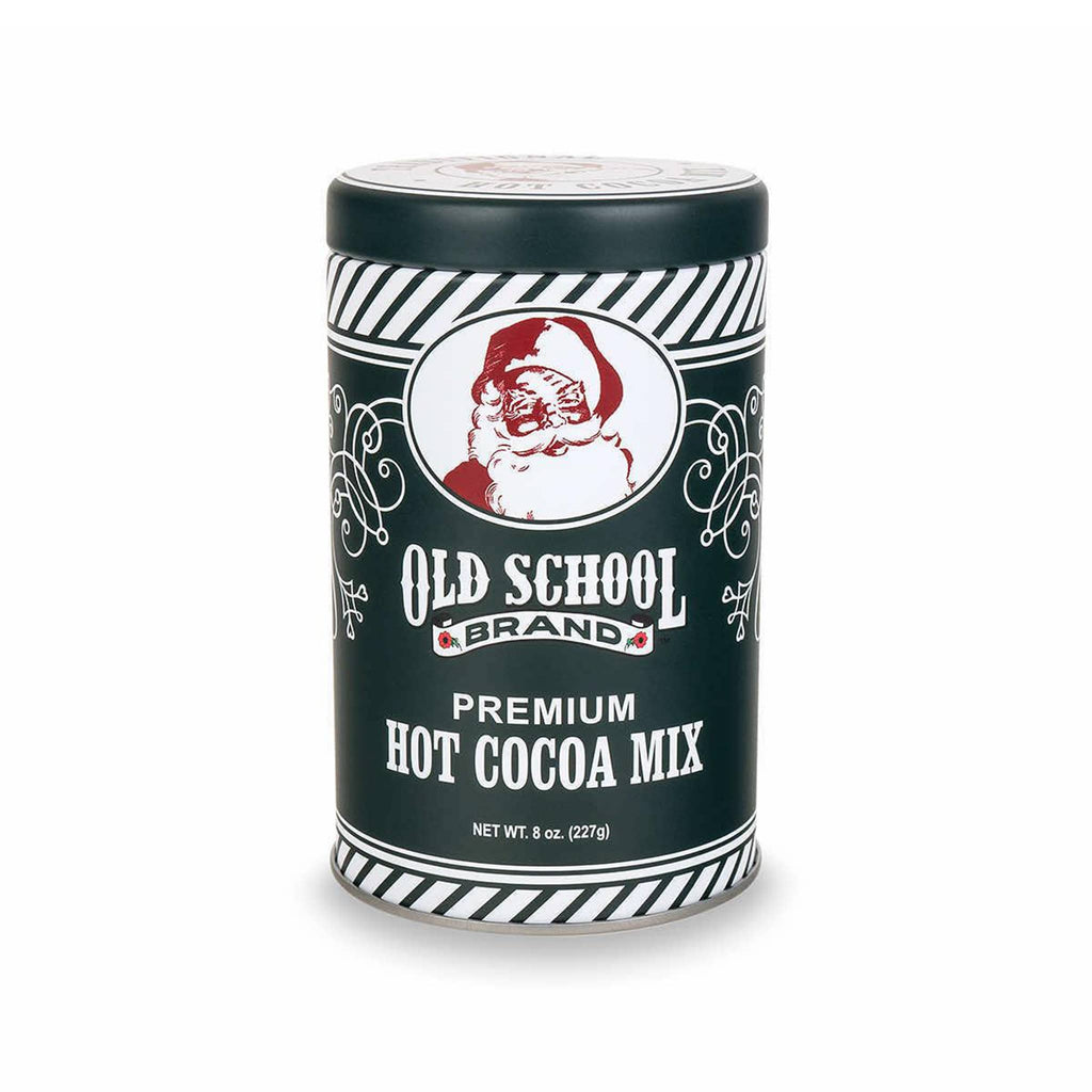 Old School Brand hot cocoa mix in green and white tin canister with santa illustration, on a white background.