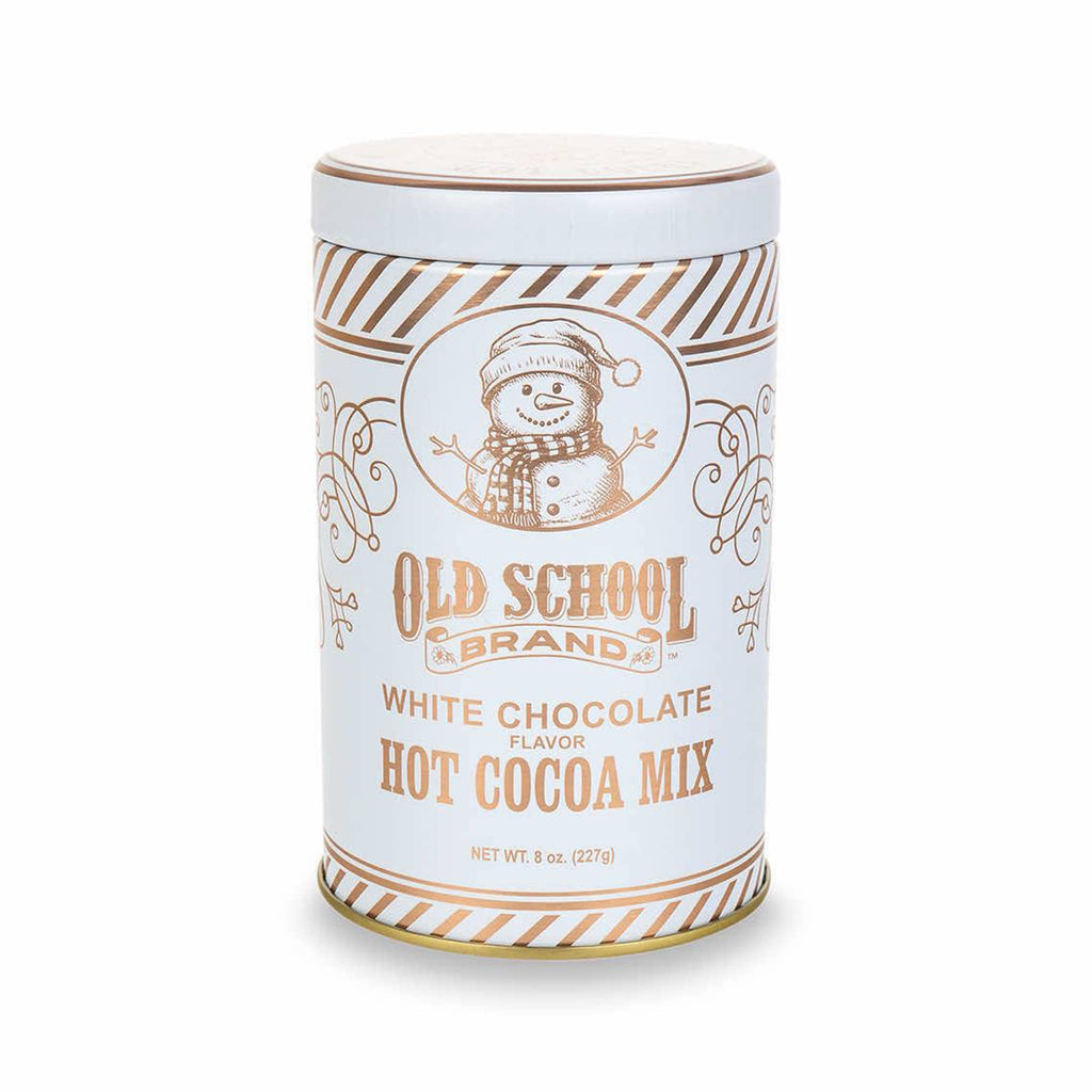Old School Brand white chocolate hot cocoa mix in a white tin canister with gold lettering and snowman illustration, on a white background.