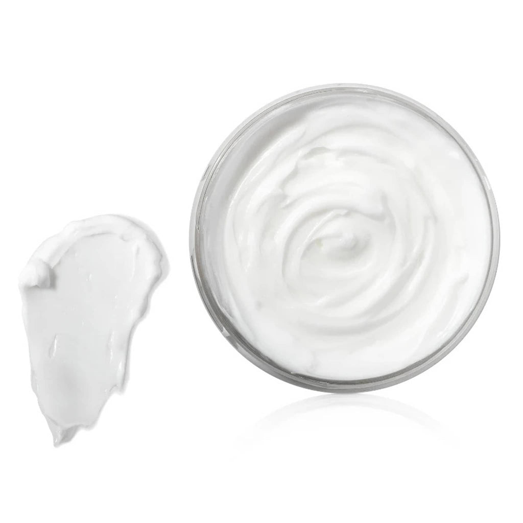 Jar of white body butter with a swatch on a white background.