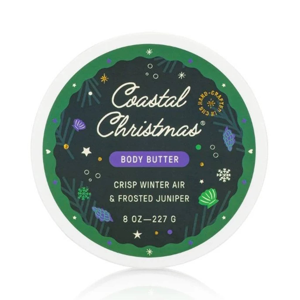 Coastal Christmas body butter container with green design, overhead view on a white background.