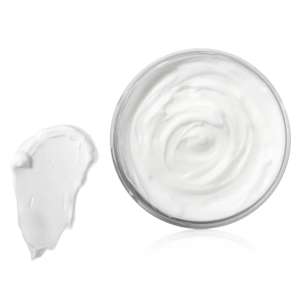Jar of white body butter with a swatch on a white background.
