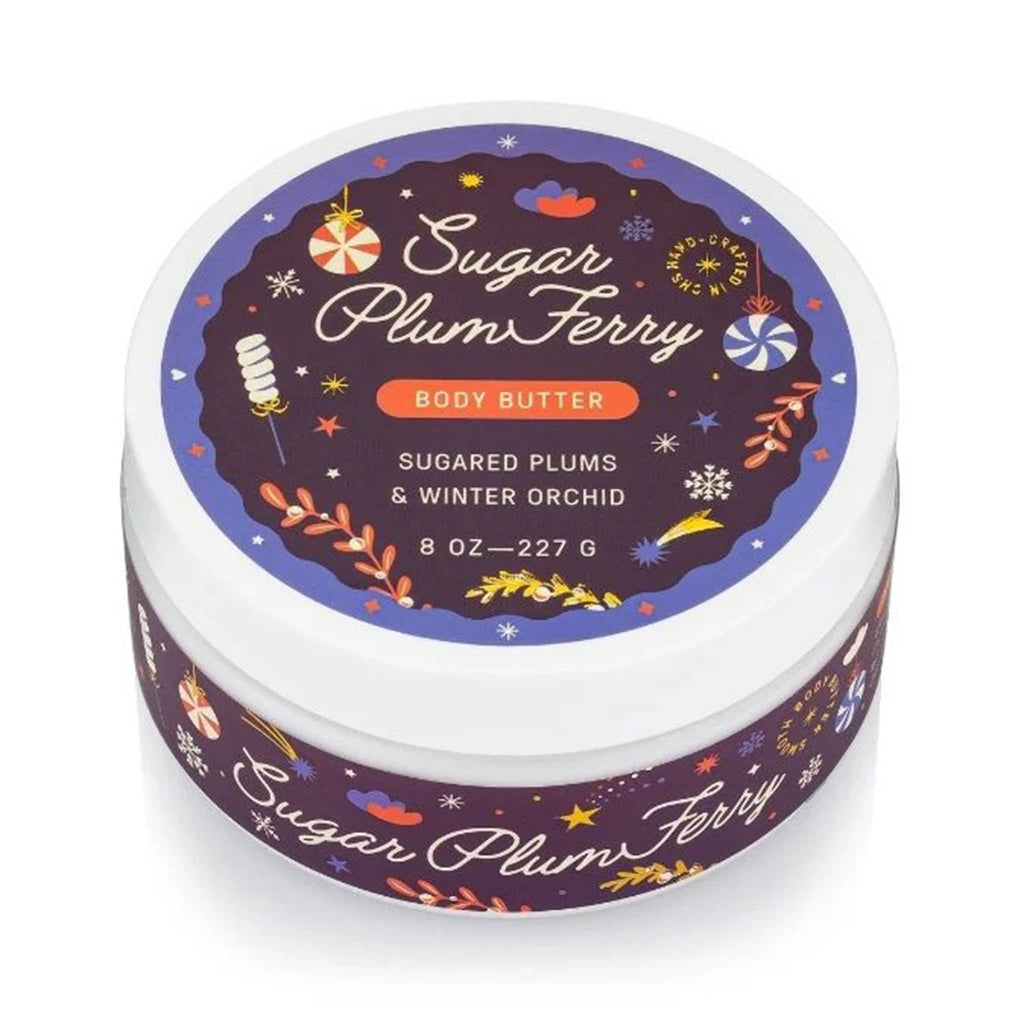 Jar of Sugar Plum Ferry body butter with decorative label on a white background.
