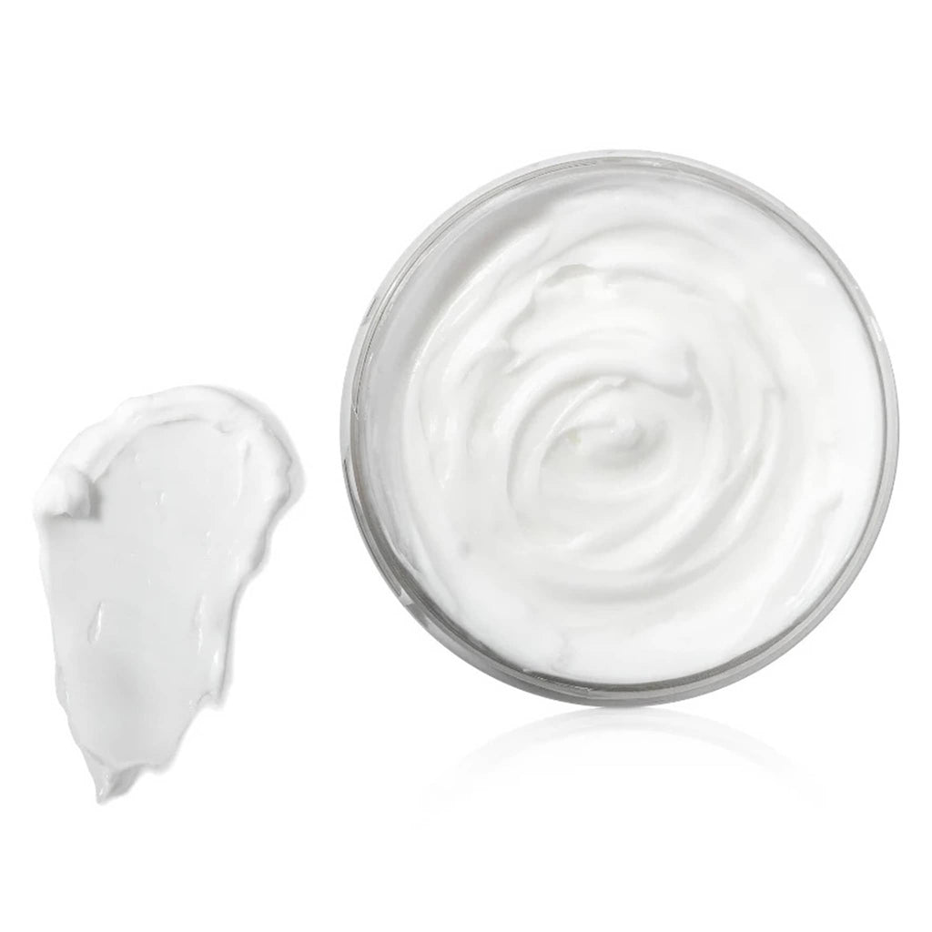 Jar of white body butter with a swatch on a white background.