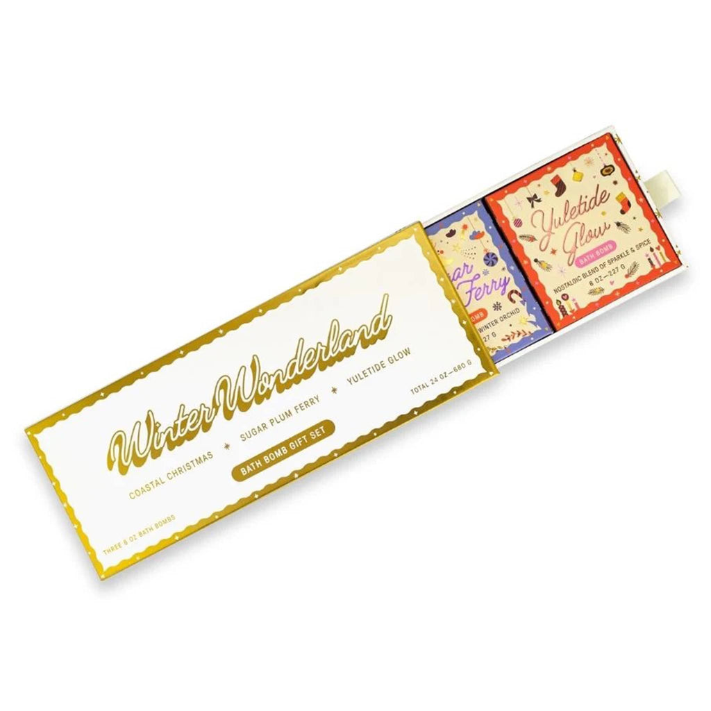 Bath bomb set with 'Winter Wonderland' packaging on a white background.