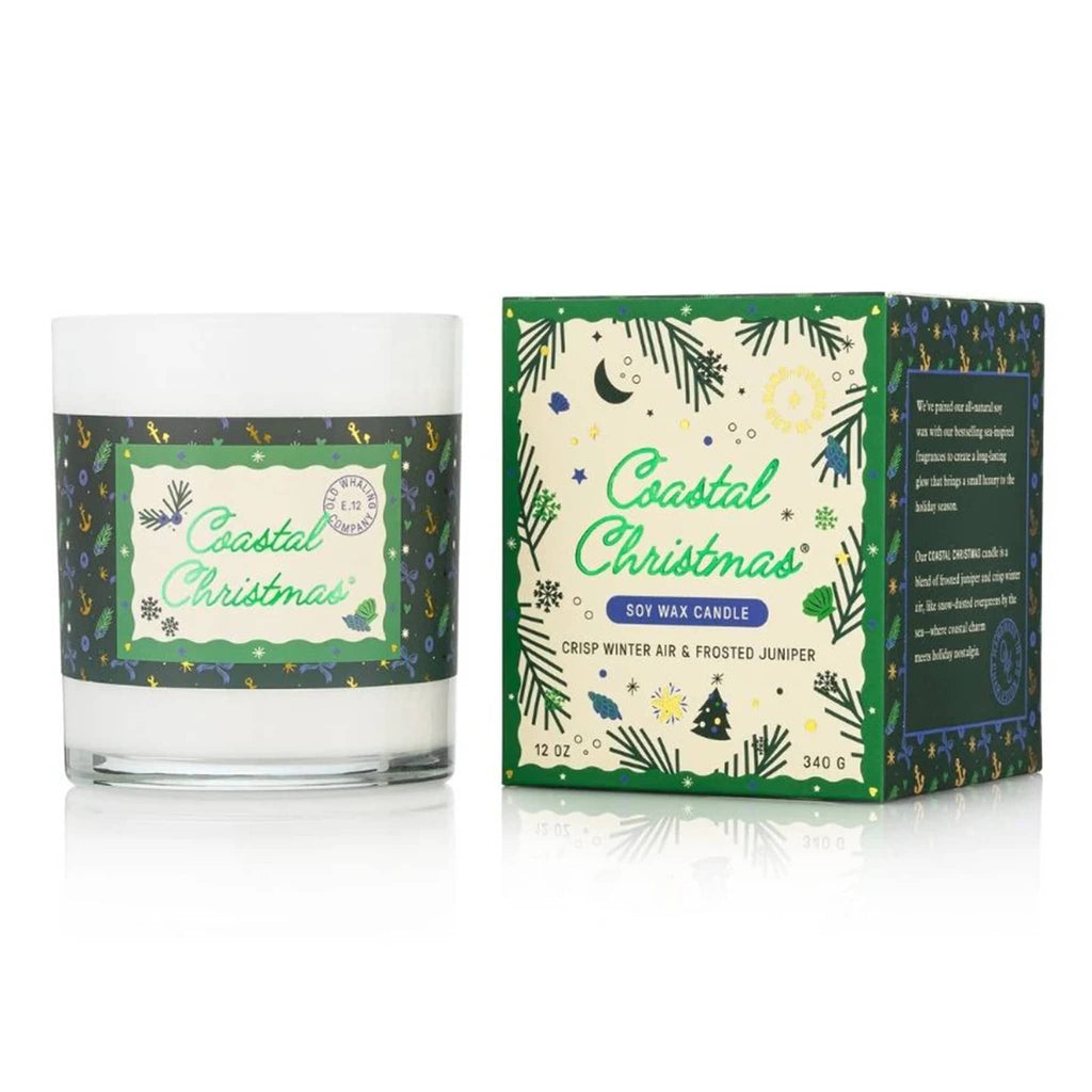 Coastal Christmas candle with packaging on a white background.