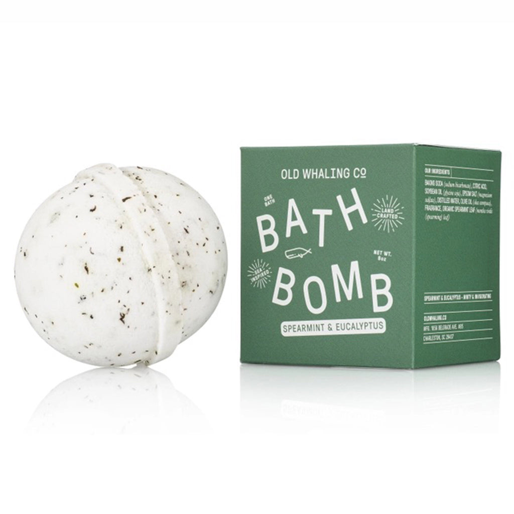 Old Whaling Company Spearmint and Eucalyptus Scented Bath Bomb Fizzer with green box packaging.