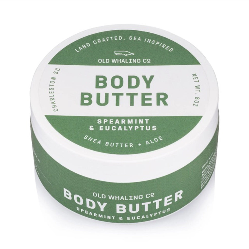 Old Whaling Company Spearmint and Eucalyptus scented body butter with shea butter and aloe in white and green 8 ounce tub, side and top view.