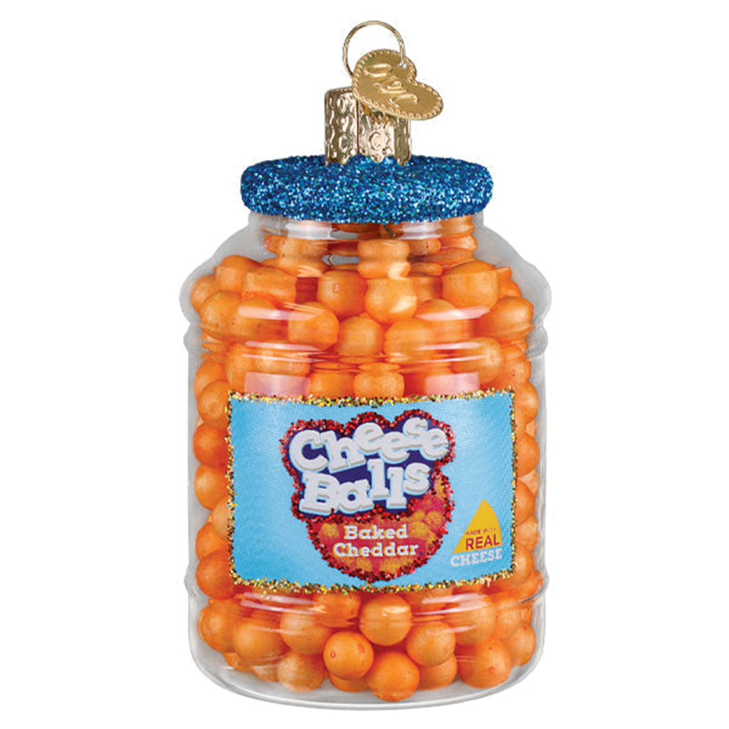 old world christmas Decorative ornament shaped like a jar of Baked Cheddar cheese balls on a white background
