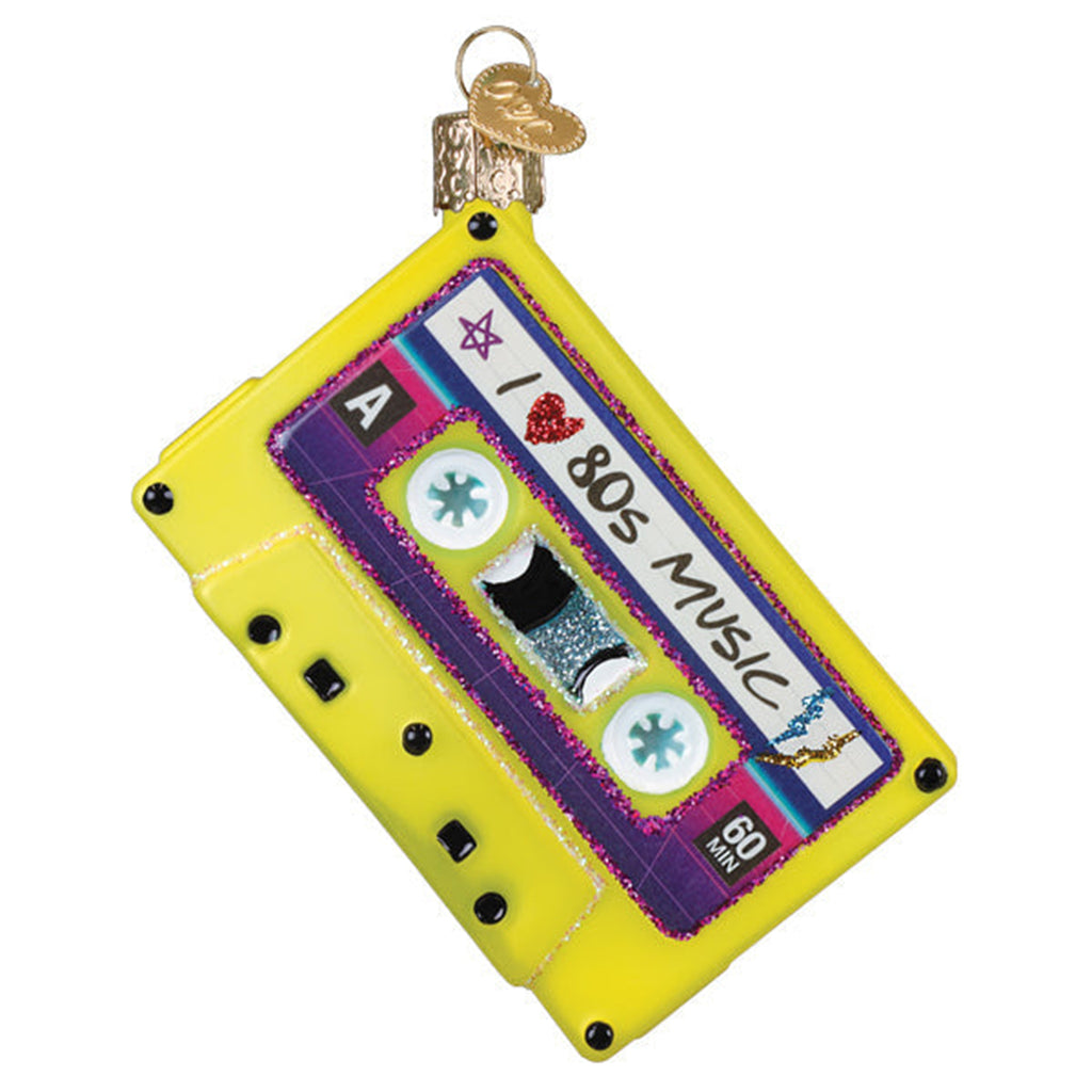 old world christmas Decorative ornament shaped like a yellow cassette tape with 'I love 80s music' text on a white background