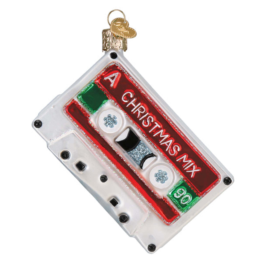 Old World Christmas Mixtape glass holiday ornament, front view.