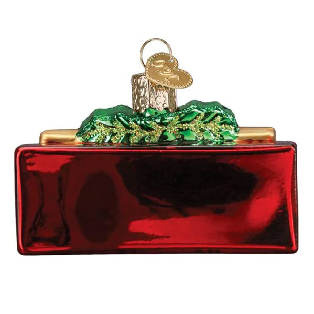 Old World Christmas Joyful glass holiday ornament, back view.