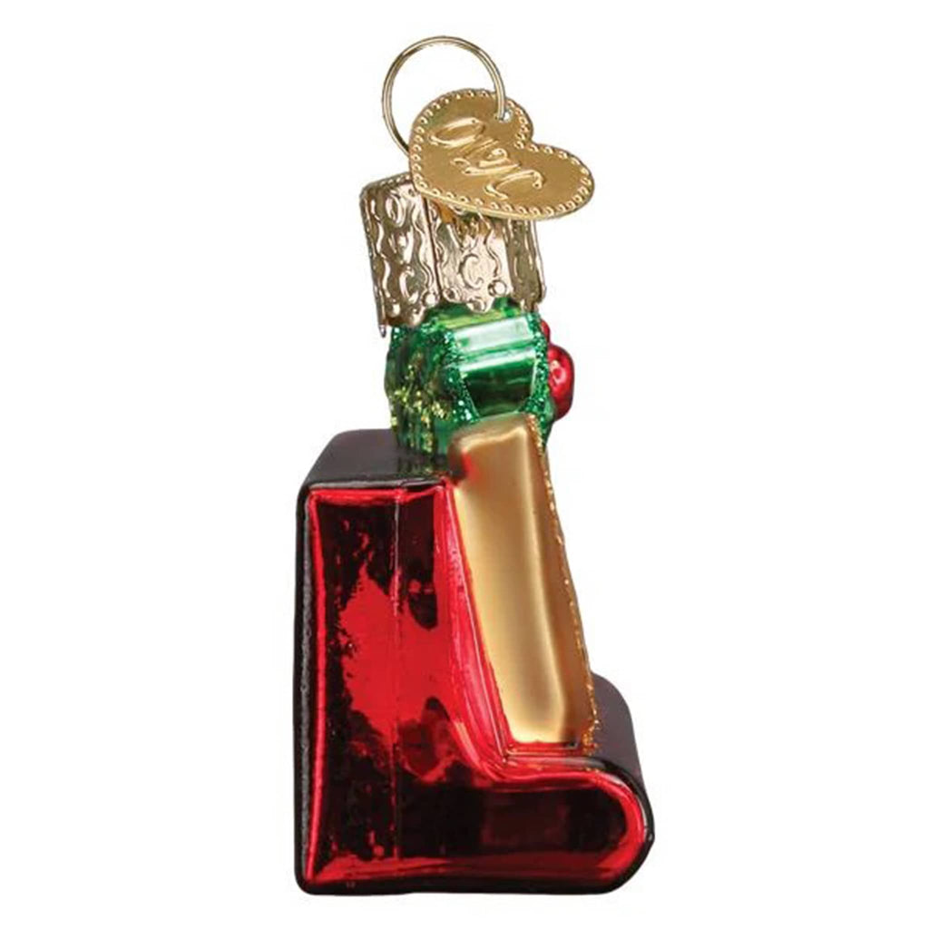 Old World Christmas Joyful glass holiday ornament, side view.