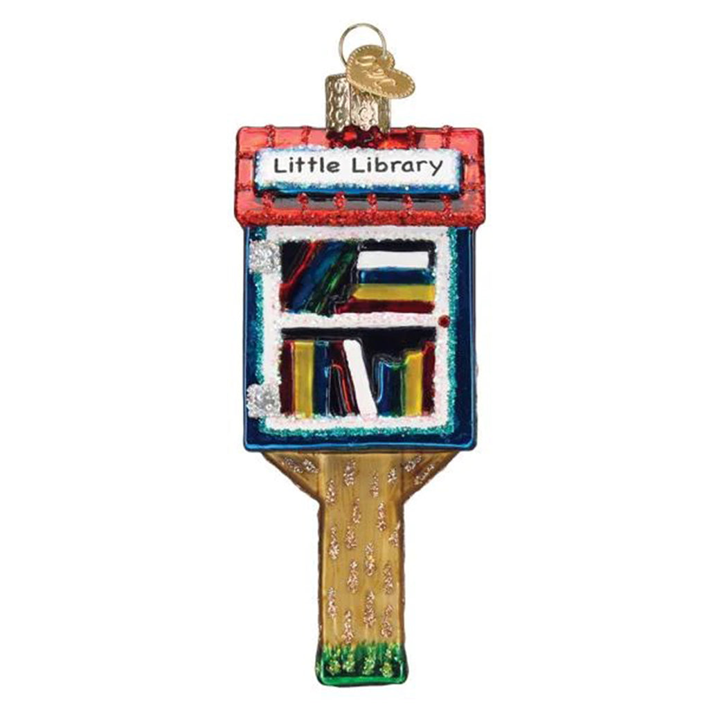 Old World Christmas Little Library glass tree ornament, front view.