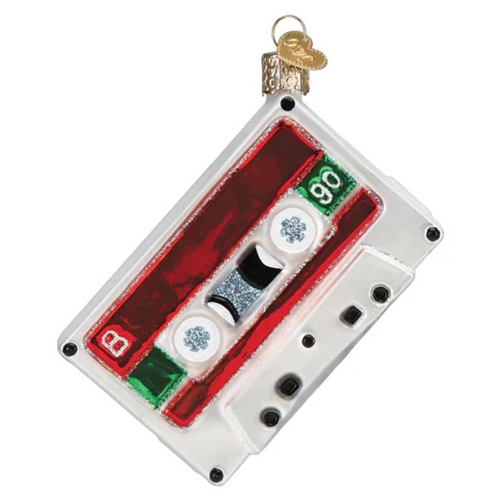 Old World Christmas Mixtape glass holiday ornament, back view.