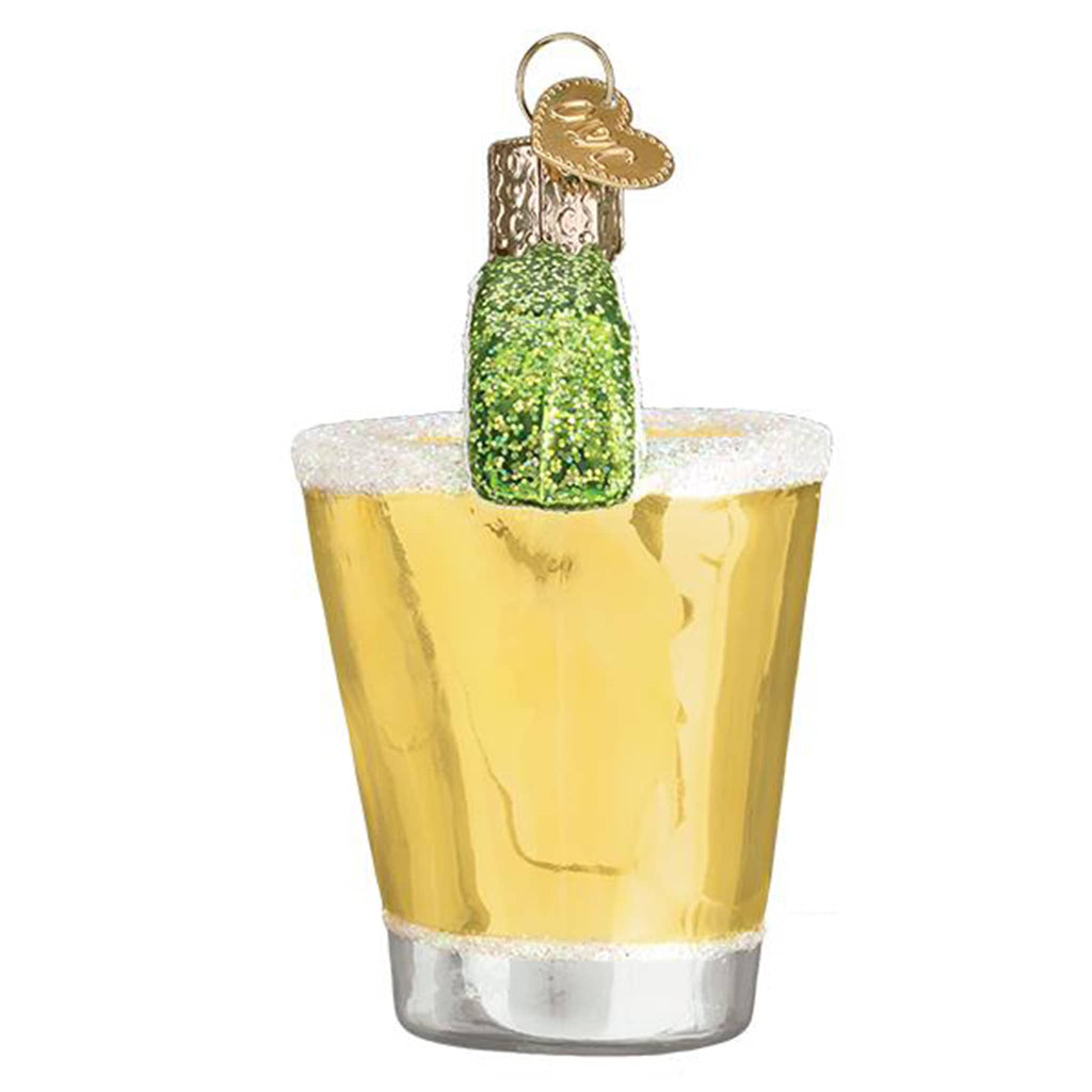 Old World Christmas Tequila Shot glass holiday ornament, side view.