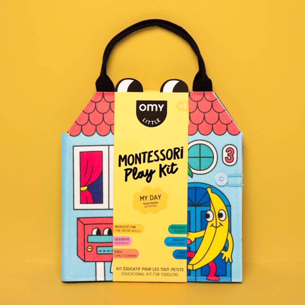 Montessori play kit packaging with colorful design on a yellow background.
