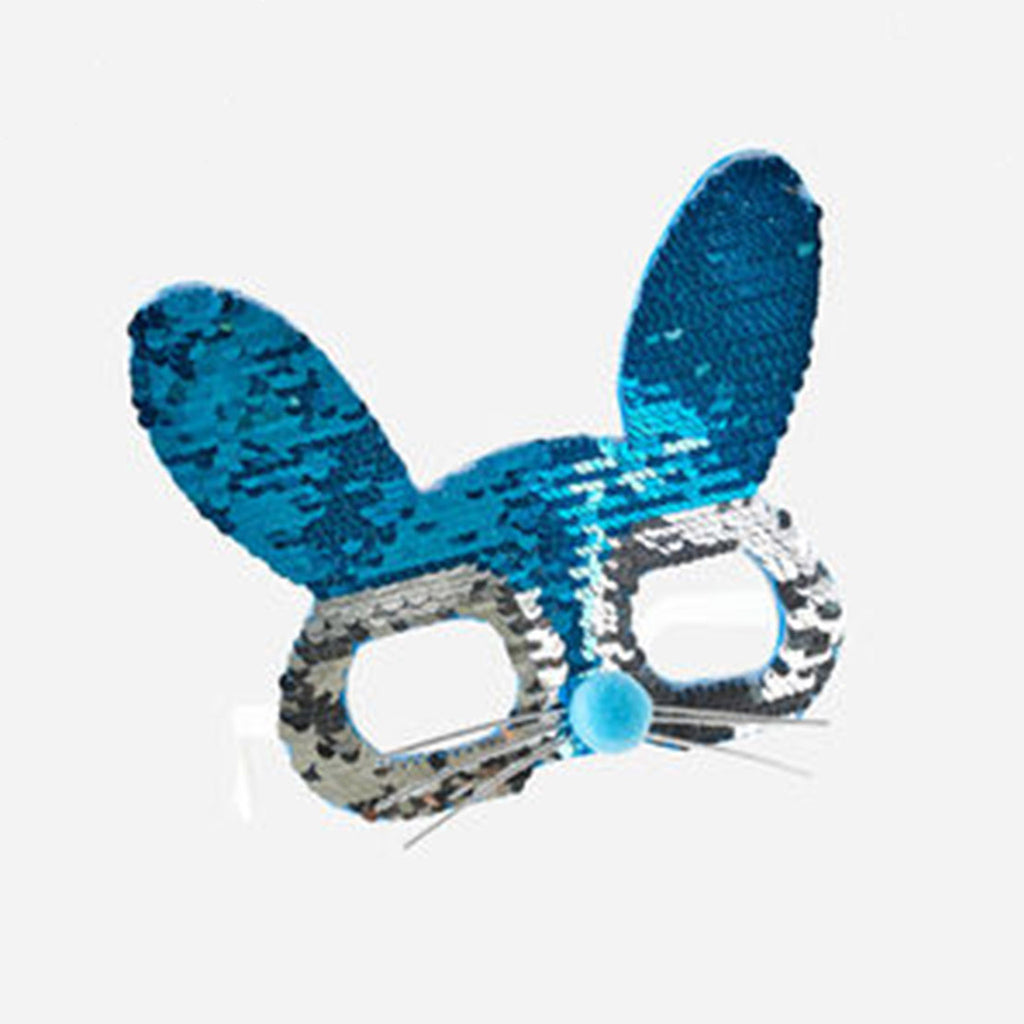 One Hundred 80 Degrees bunny glasses with blue and silver sequins, blue felt nose and whiskers on white plastic eyeglass frames.