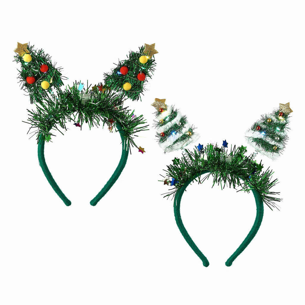 Two green headbands with 2 Christmas trees and lights on each, on a white background.