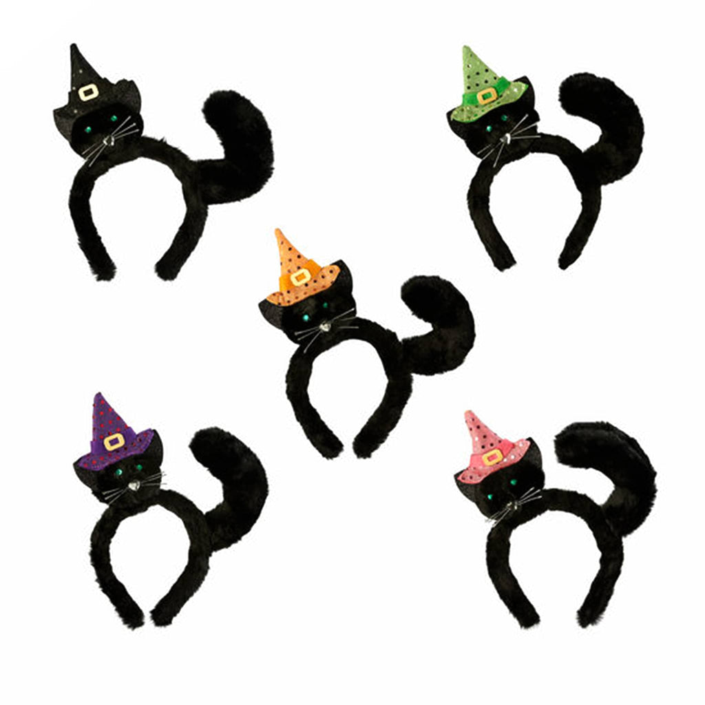 One Hundred 80 Degrees Halloween black cat plush headband with tail and witch hat on its head in black, green, orange, purple or pink.