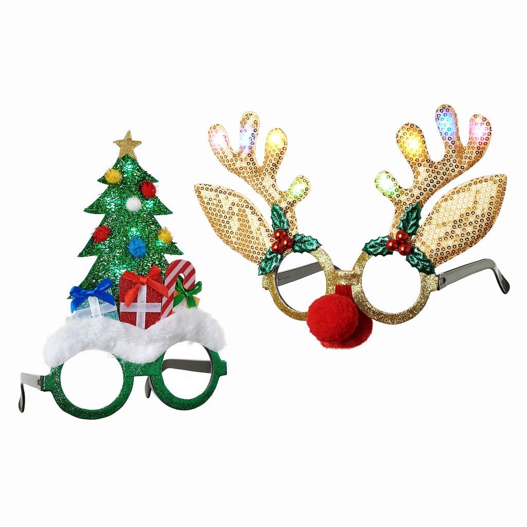 Two festive novelty glasses with Christmas tree and reindeer antler designs on a white background.