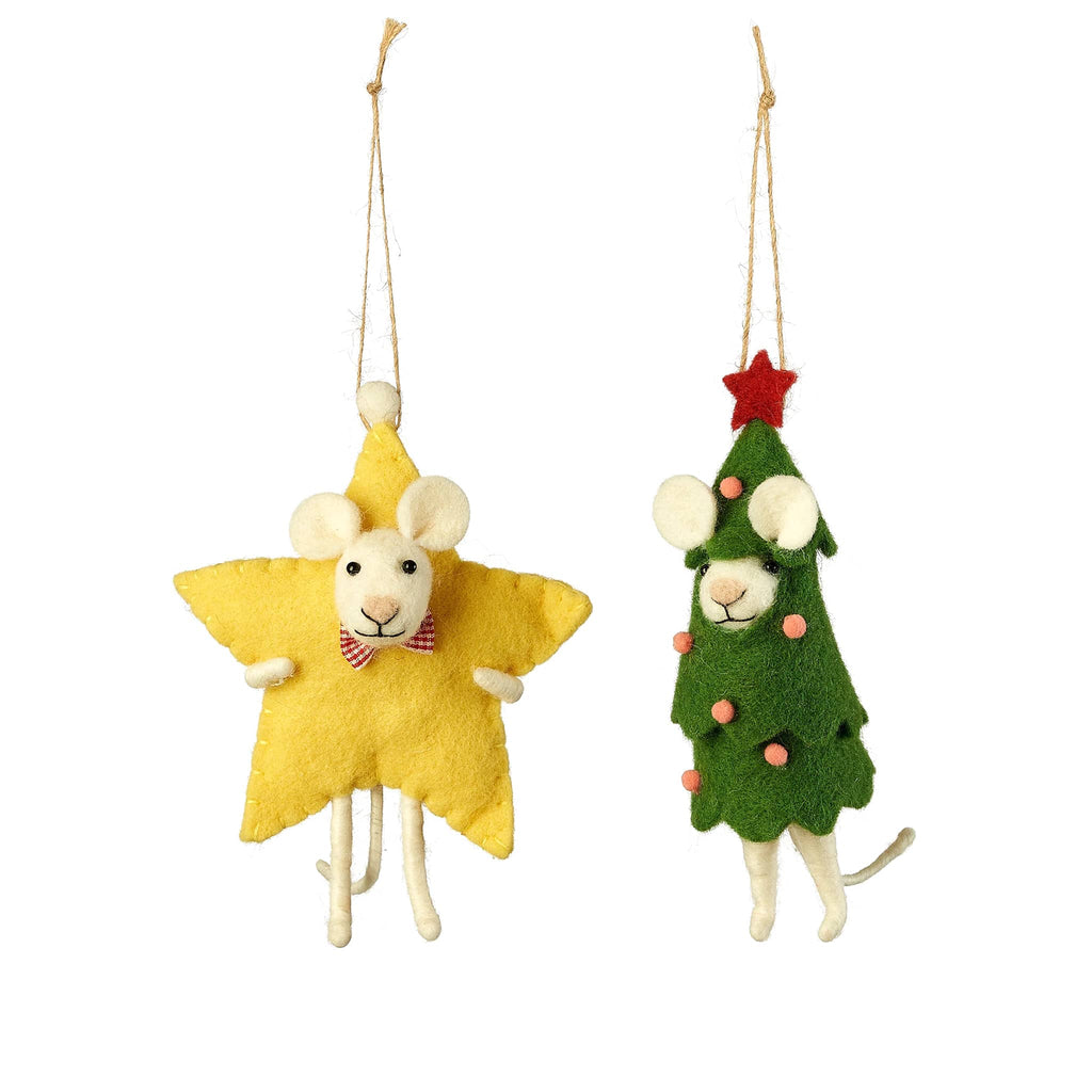 Two Christmas-themed mouse decorations, one in a yellow star costume and the other in a green tree outfit, on a white background.