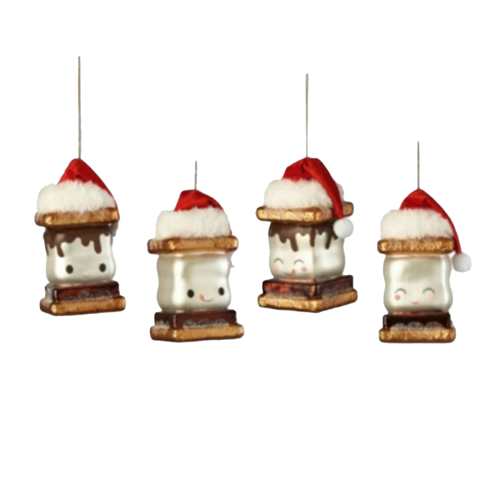 Set of four marshmallow s'mores ornaments with Santa hats on a white background.