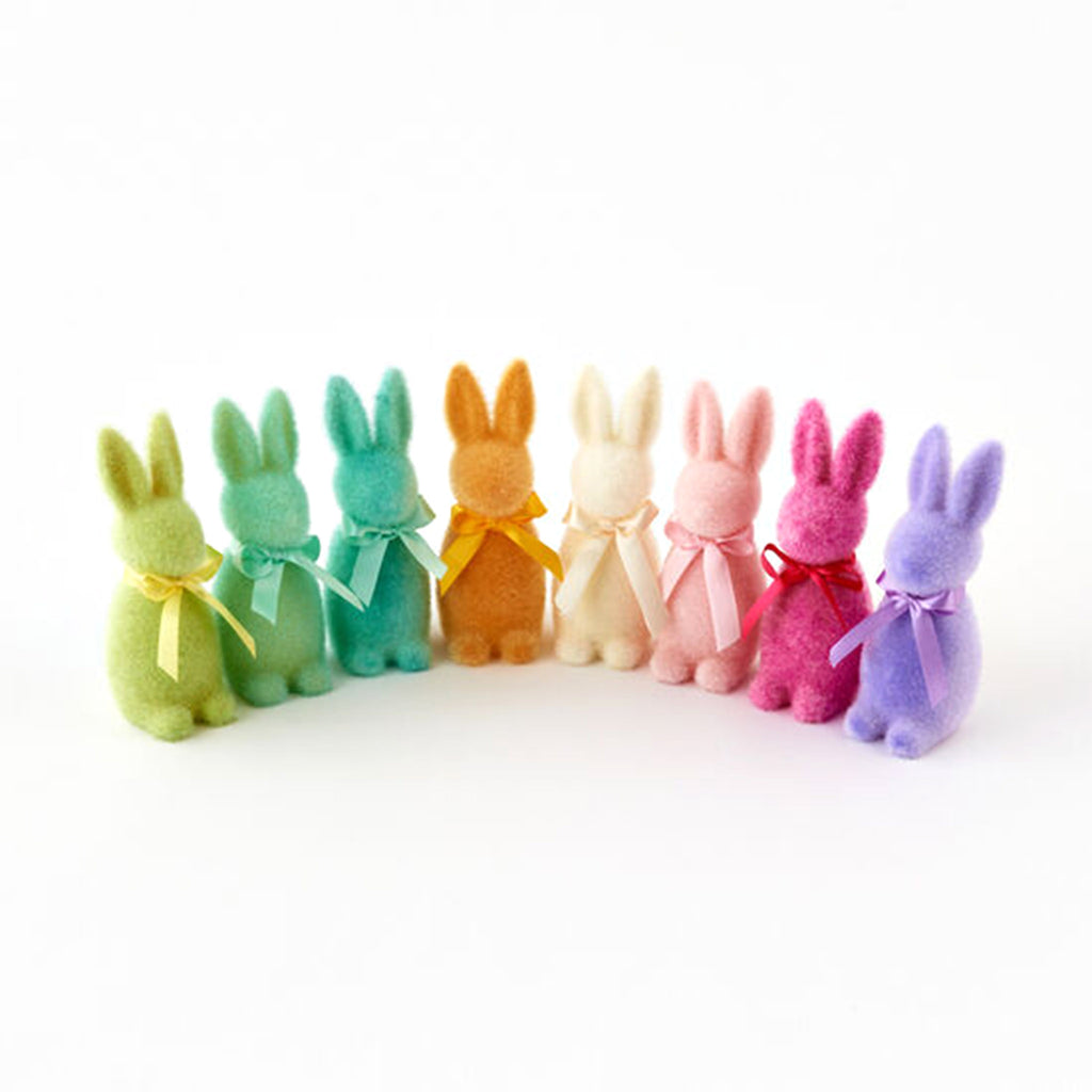 One Hundred 80 Degrees Small Flocked Button Nose Bunny with matching satin bow in 8 assorted colors.