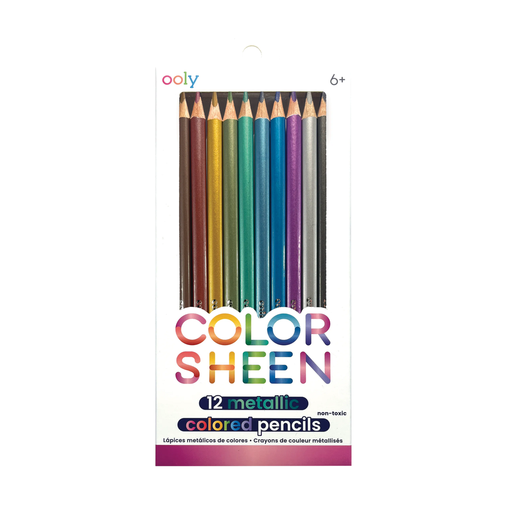 Ooly Color Sheen set of twelve metallic colored pencils in box packaging, front view.