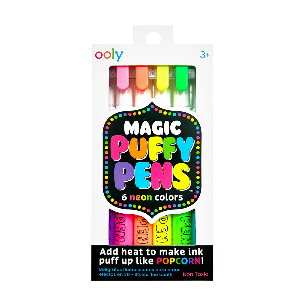 Ooly Magic Neon Puffy Pens, set of six in box packaging, front view.