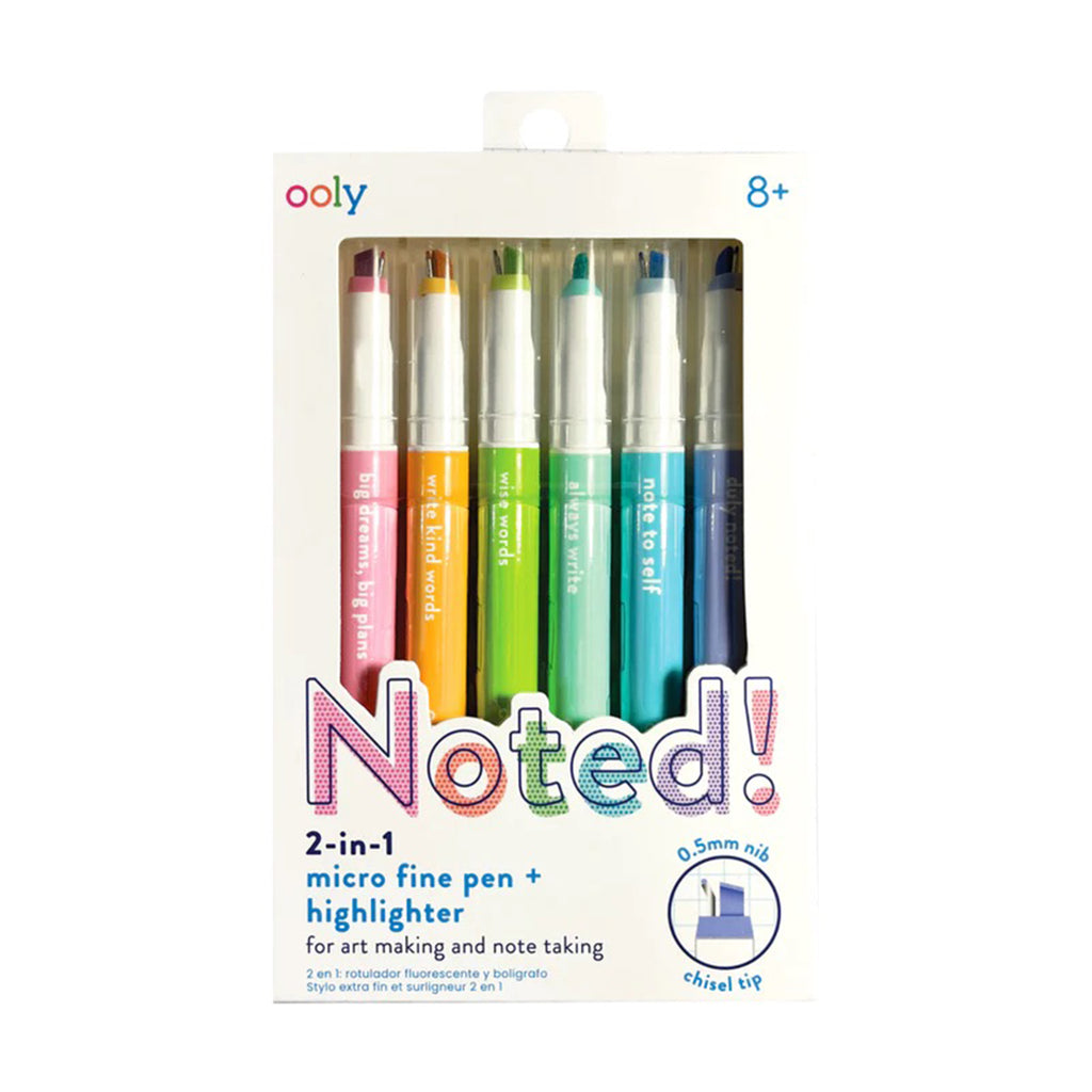 ooly noted 2 in 1 micro fine tip pen and highlighters set in box packaging, front view.